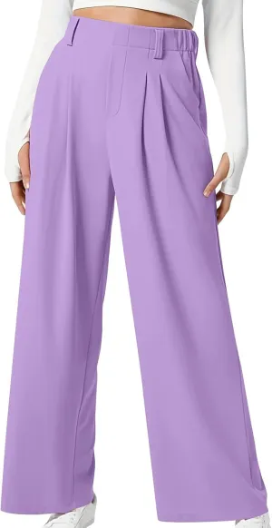 Women's Business Work Pants Comfy Pleated Elastic Waisted Wide Leg Pants Waffle Straight Suit Trousers with Pockets