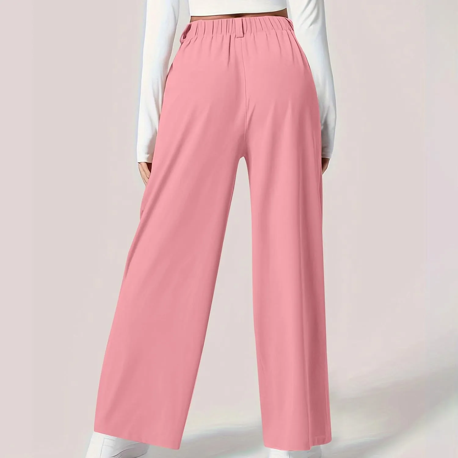 Women's Business Work Pants Comfy Pleated Elastic Waisted Wide Leg Pants Waffle Straight Suit Trousers with Pockets