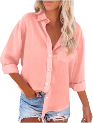 Womens Button Down Shirts Summer Long Sleeve Rolled Cotton Linen Tees Casual V Neck Collared Dressy Tops with Pocket