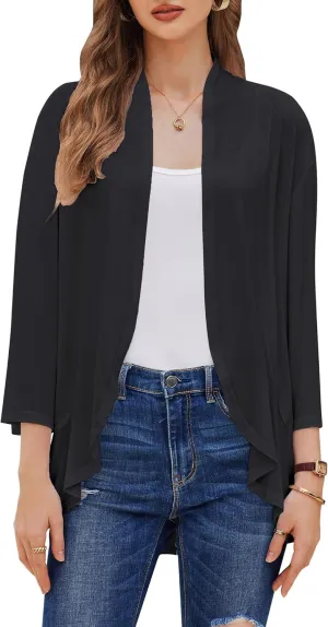Women's Cardigans Lightweight 3/4 Sleeves Open Front Cardigan Casual Loose Draped Ruffles Knit Sweaters
