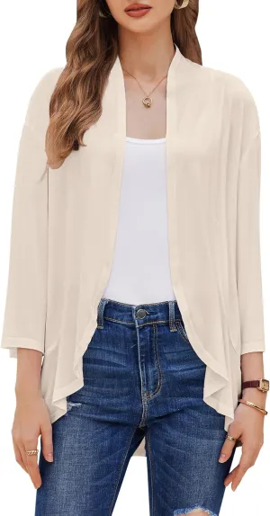 Women's Cardigans Lightweight 3/4 Sleeves Open Front Cardigan Casual Loose Draped Ruffles Knit Sweaters