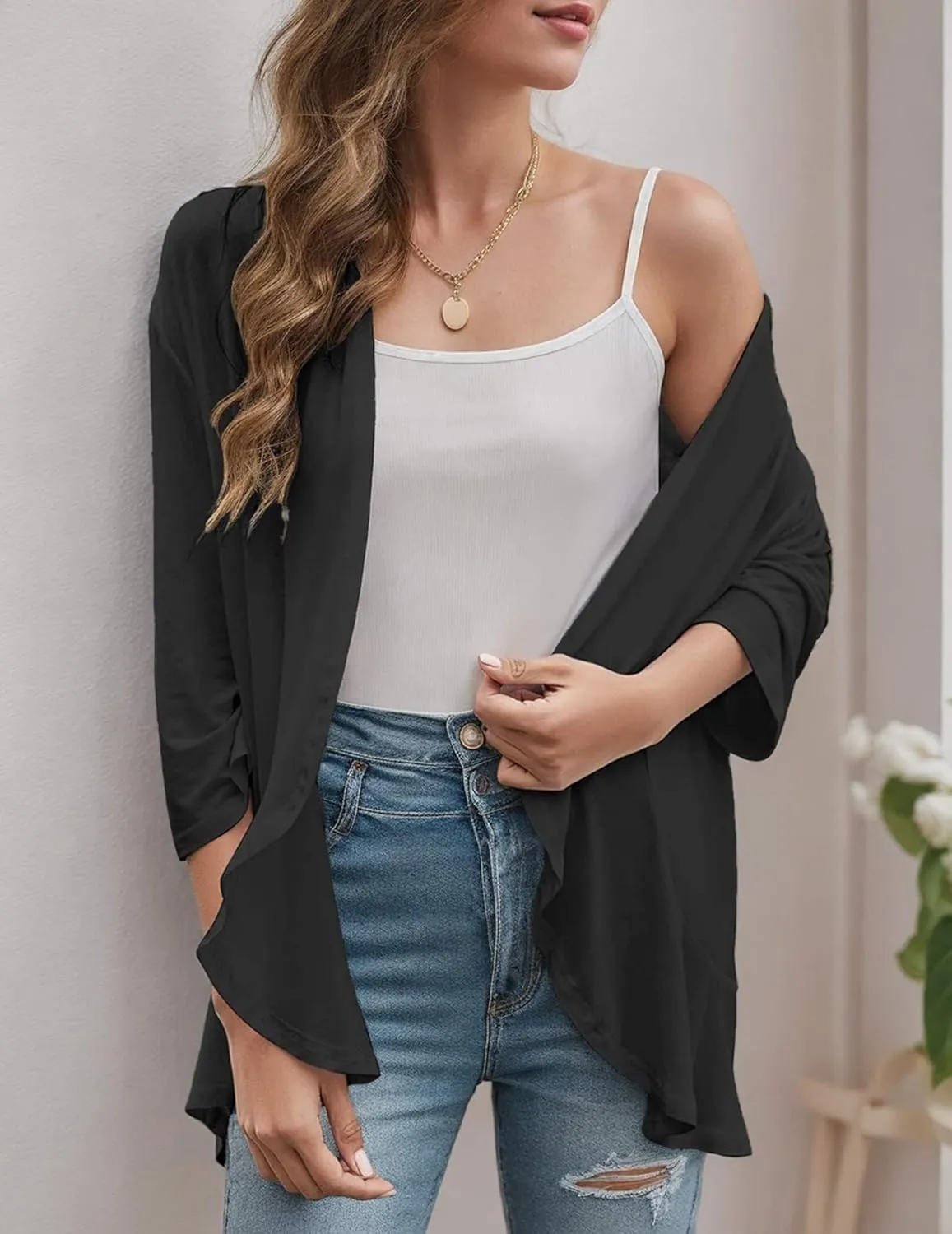 Women's Cardigans Lightweight 3/4 Sleeves Open Front Cardigan Casual Loose Draped Ruffles Knit Sweaters