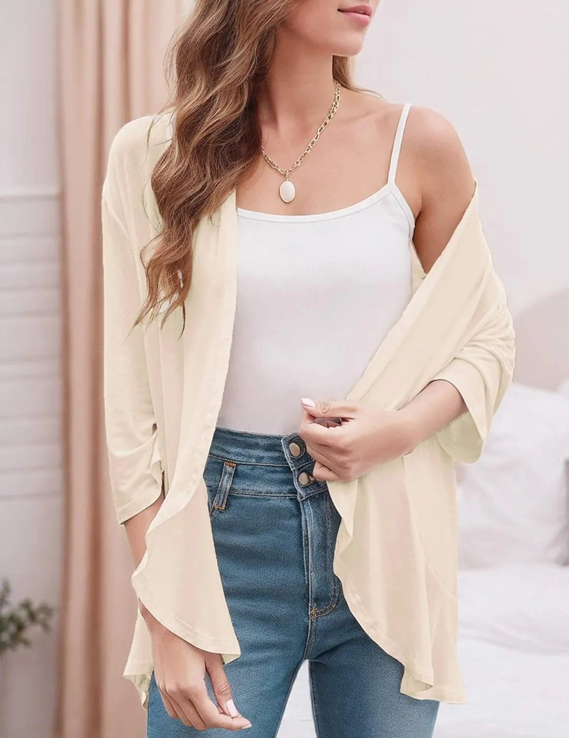 Women's Cardigans Lightweight 3/4 Sleeves Open Front Cardigan Casual Loose Draped Ruffles Knit Sweaters