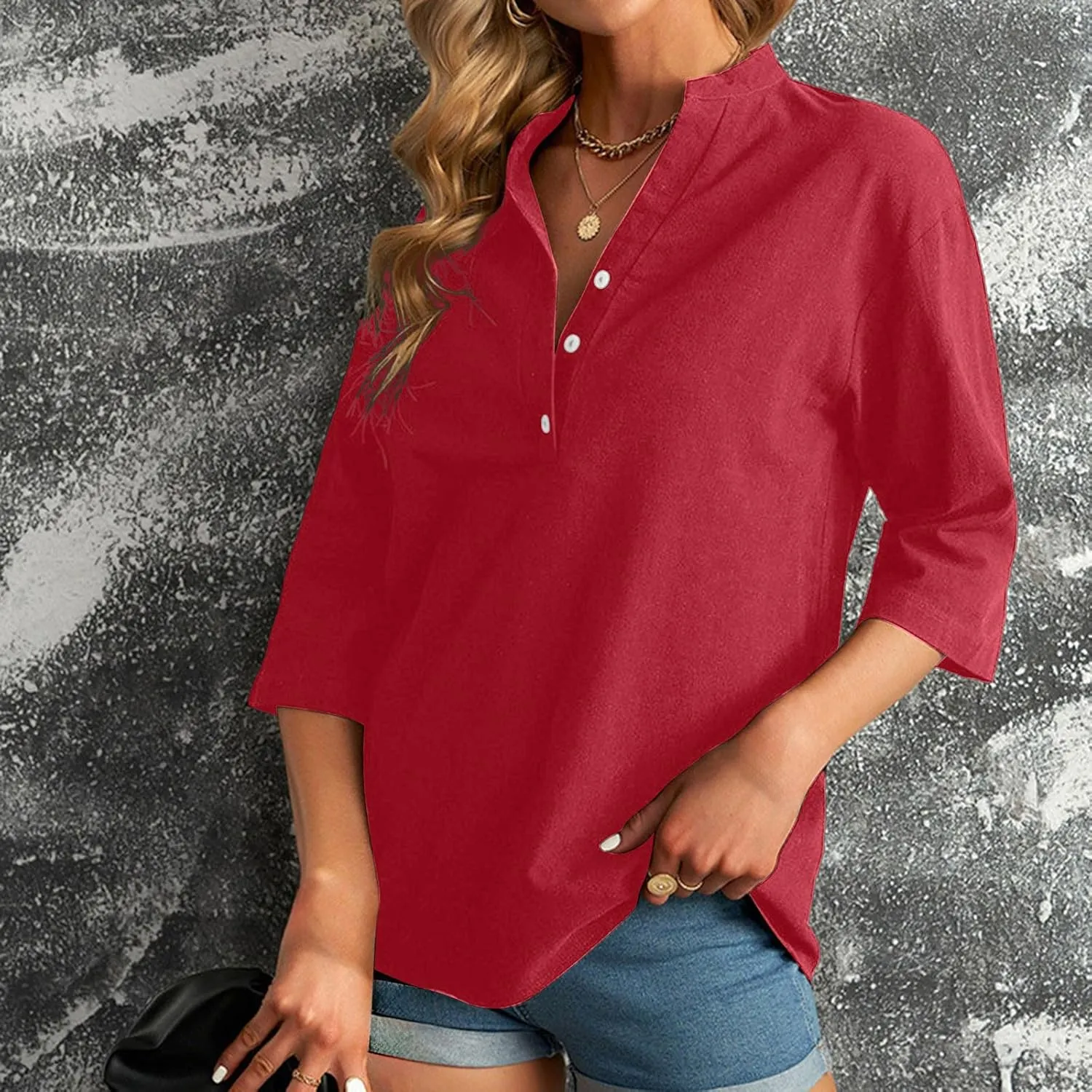 Women's Casual 3/4 Sleeve Henley V-Neck Button Up Cotton Linen Blouses Solid Color Summer Casual Blouse Tops T-Shirts