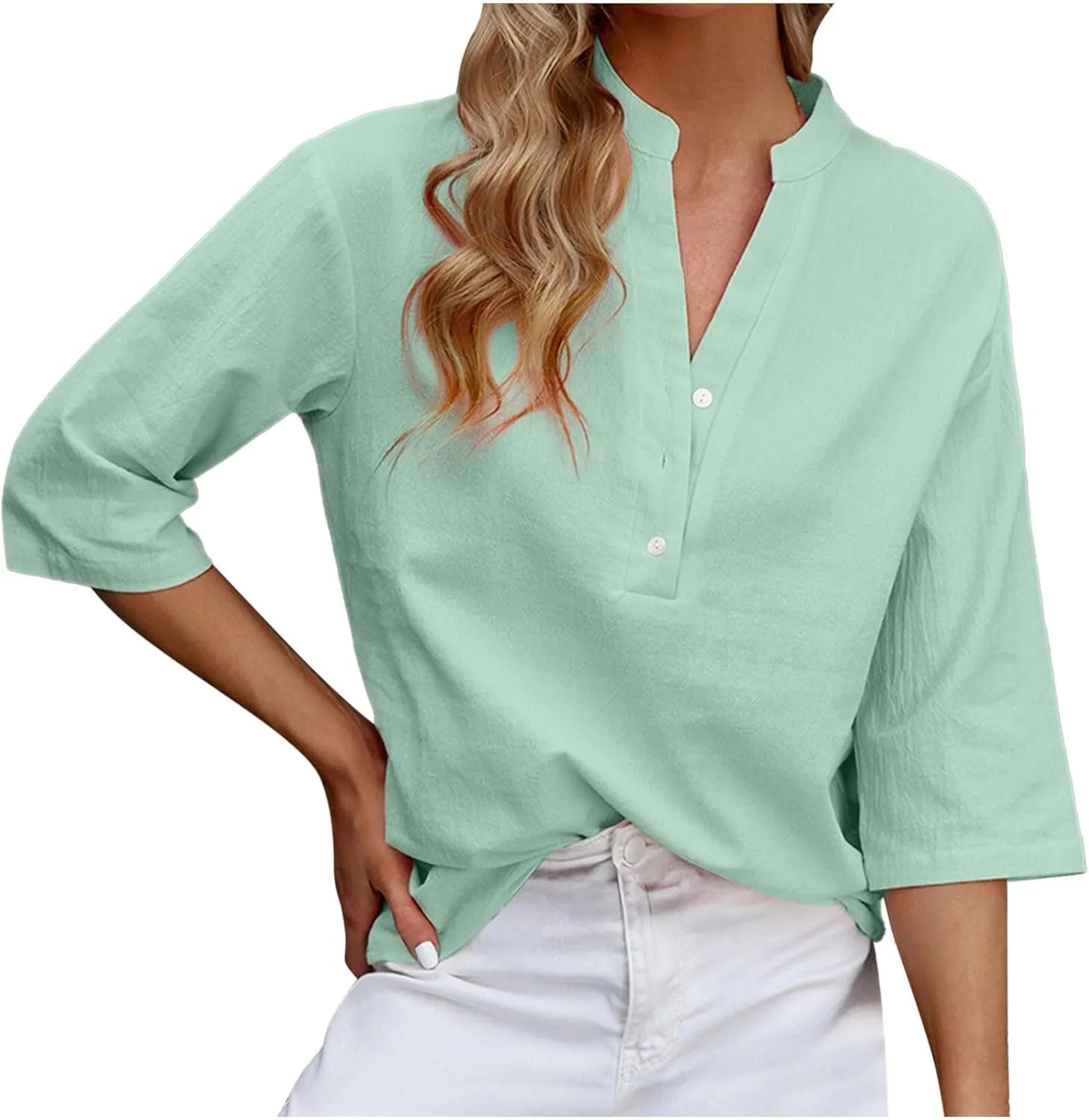 Women's Casual 3/4 Sleeve Henley V-Neck Button Up Cotton Linen Blouses Solid Color Summer Casual Blouse Tops T-Shirts