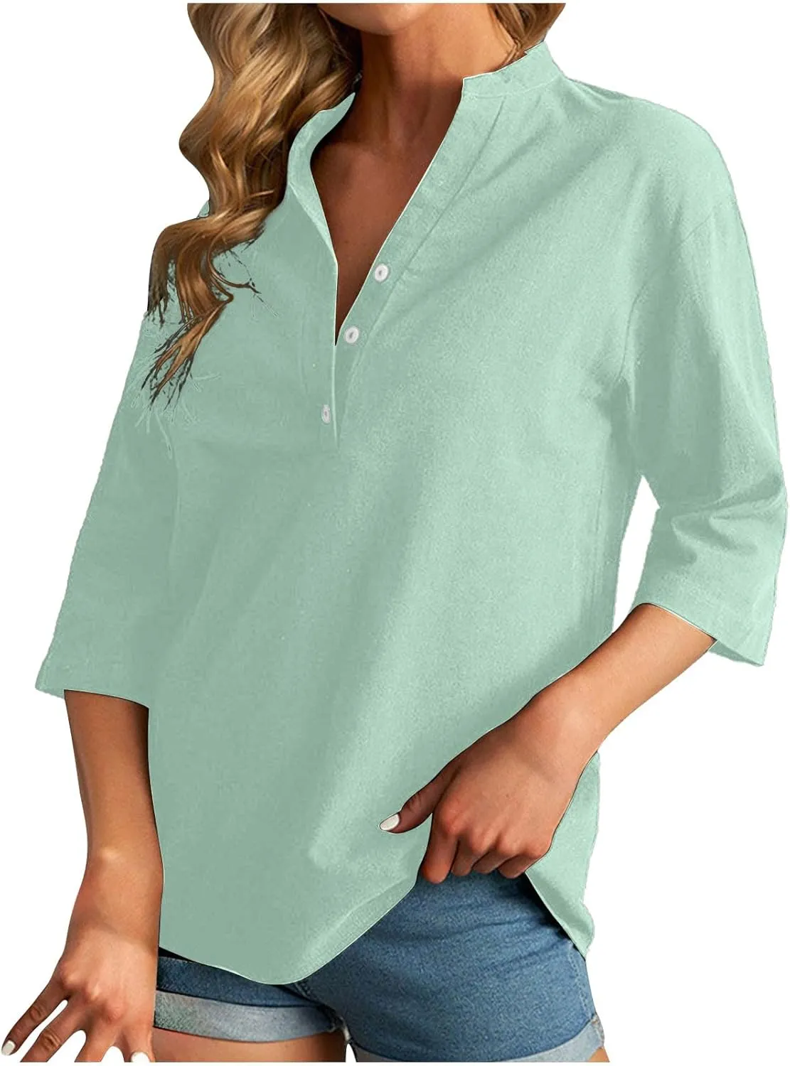 Women's Casual 3/4 Sleeve Henley V-Neck Button Up Cotton Linen Blouses Solid Color Summer Casual Blouse Tops T-Shirts