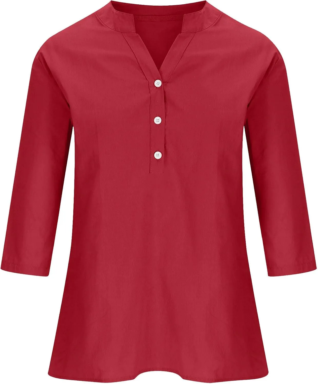 Women's Casual 3/4 Sleeve Henley V-Neck Button Up Cotton Linen Blouses Solid Color Summer Casual Blouse Tops T-Shirts