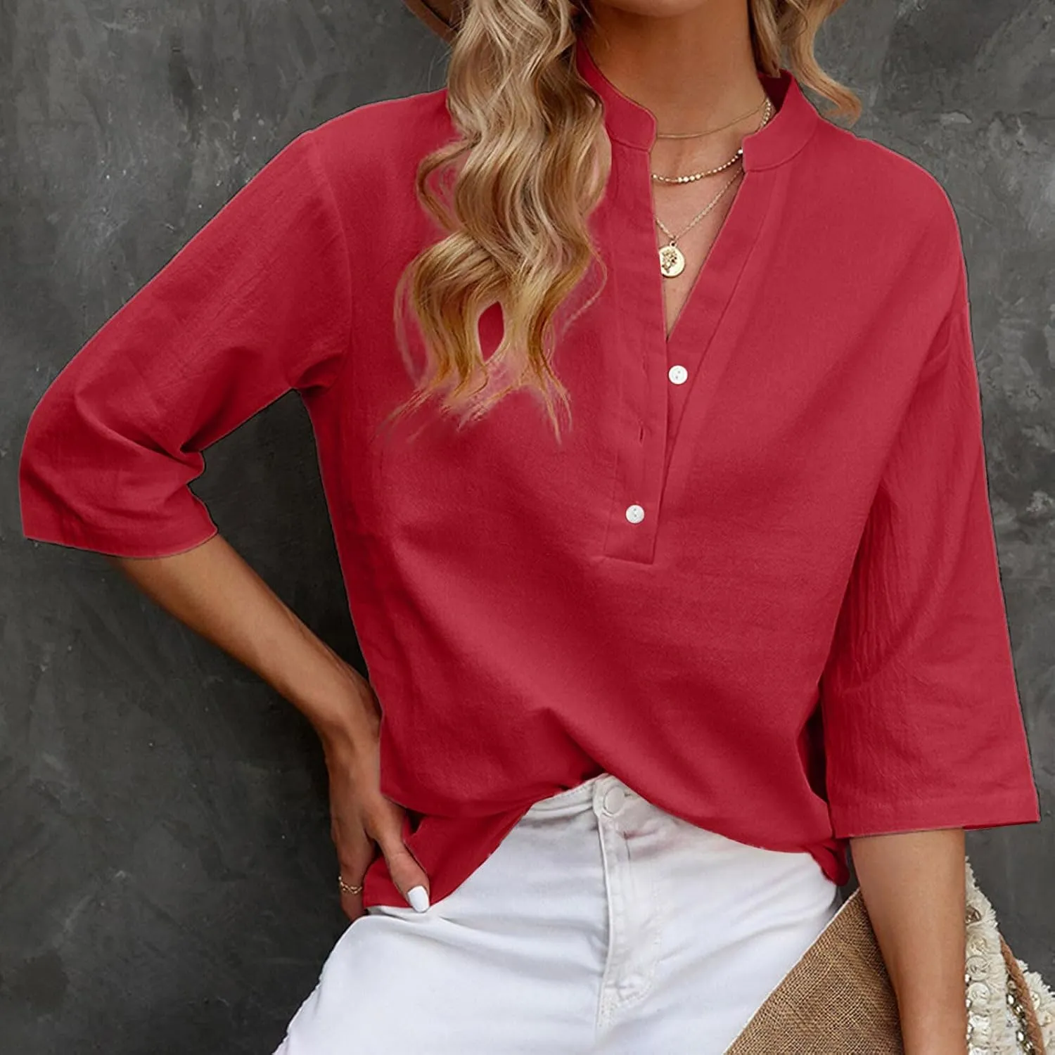 Women's Casual 3/4 Sleeve Henley V-Neck Button Up Cotton Linen Blouses Solid Color Summer Casual Blouse Tops T-Shirts