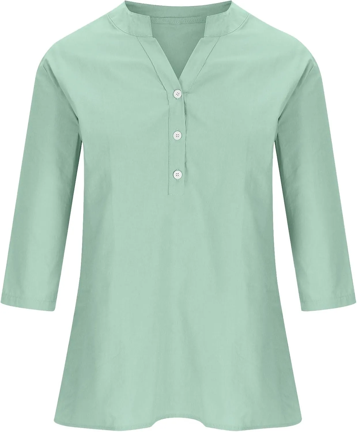Women's Casual 3/4 Sleeve Henley V-Neck Button Up Cotton Linen Blouses Solid Color Summer Casual Blouse Tops T-Shirts