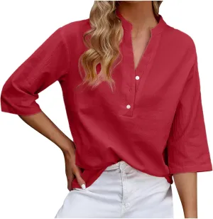 Women's Casual 3/4 Sleeve Henley V-Neck Button Up Cotton Linen Blouses Solid Color Summer Casual Blouse Tops T-Shirts