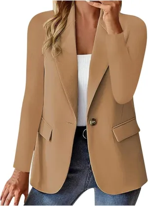 Womens Casual Blazers Fall Lapel Long Sleeve Lightweight Suit Jackets Open Front Button Office Blazer Fake Pockets