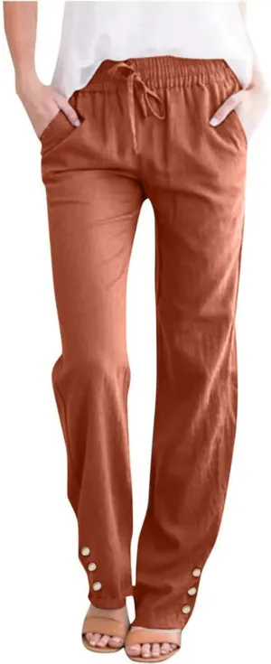 Womens Casual Cotton Linen Pants Lightweight Summer Relax Elastic Waist Plus Size Lounge Long Trousers with Pocket