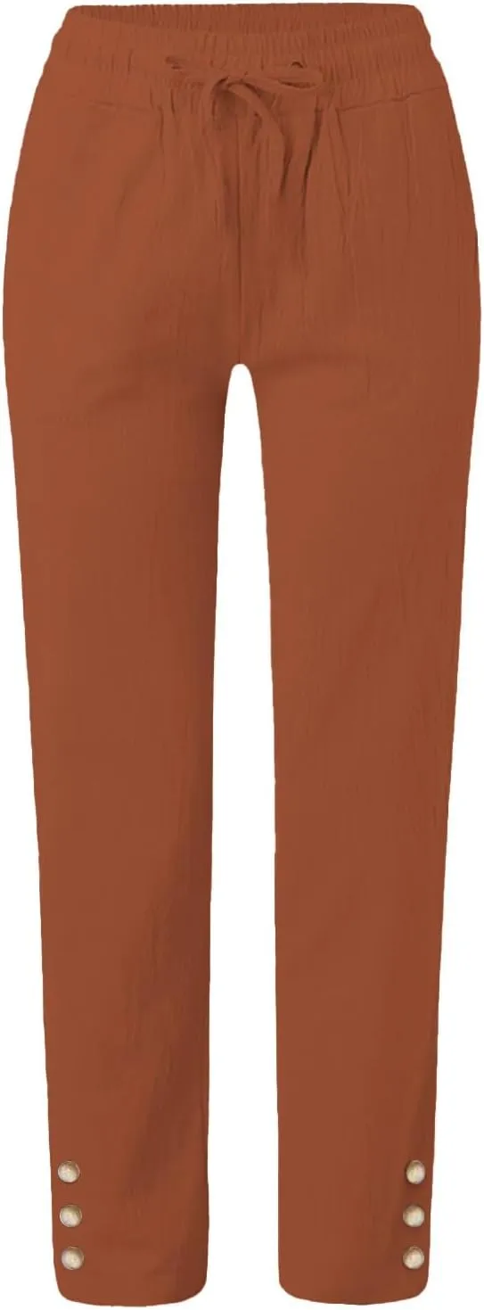 Womens Casual Cotton Linen Pants Lightweight Summer Relax Elastic Waist Plus Size Lounge Long Trousers with Pocket