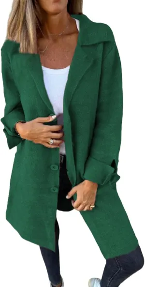 Womens Casual Jackets Long Sleeve Notched Collar Jacket Single Breasted Open Front Trench Coat Loose Fit Knit Coat