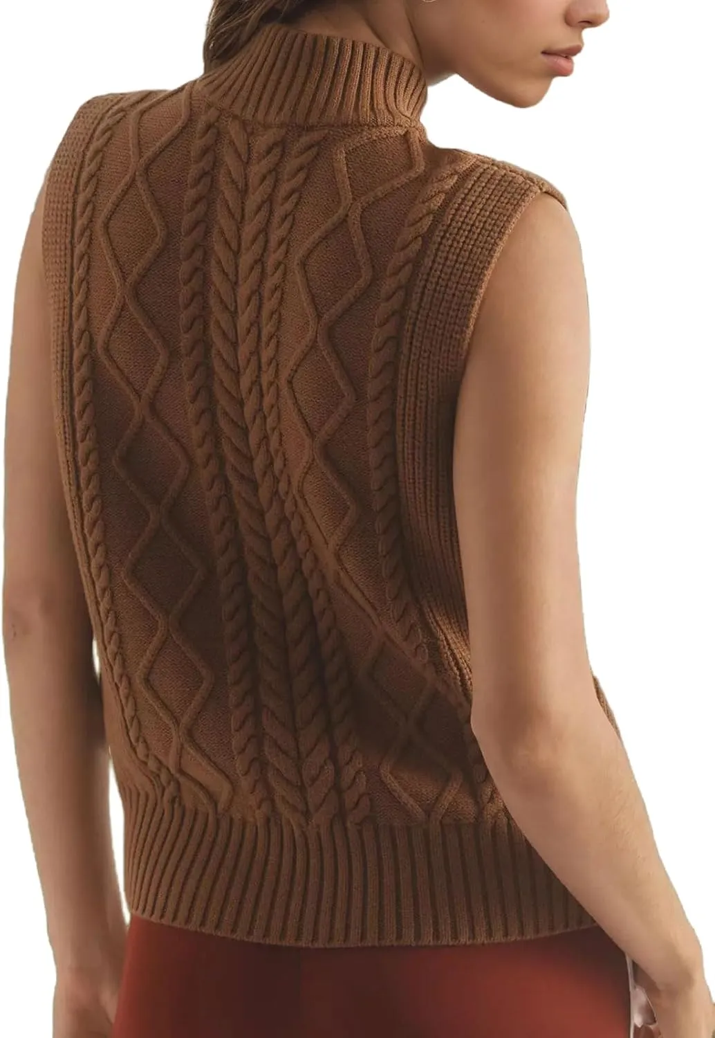 Women's Casual Mock Neck Sleeveless Work Office Sweater Tanks Vintage Cable Rhomboid Knitted Pullovers Vest