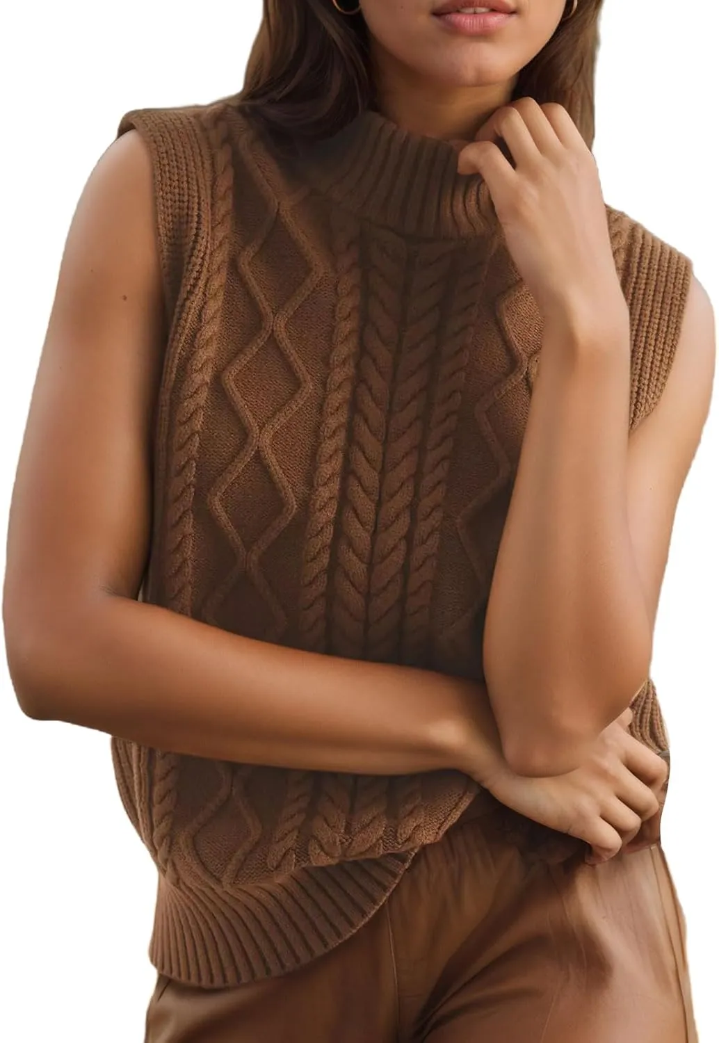 Women's Casual Mock Neck Sleeveless Work Office Sweater Tanks Vintage Cable Rhomboid Knitted Pullovers Vest