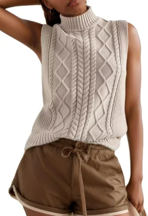Women's Casual Mock Neck Sleeveless Work Office Sweater Tanks Vintage Cable Rhomboid Knitted Pullovers Vest