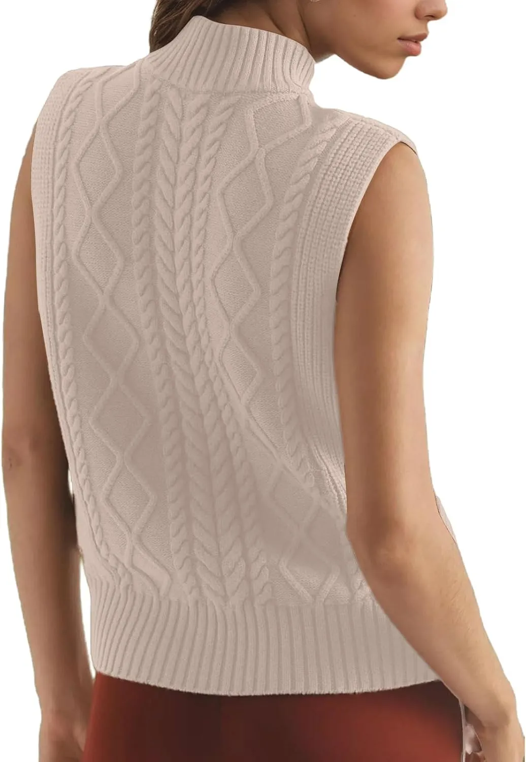 Women's Casual Mock Neck Sleeveless Work Office Sweater Tanks Vintage Cable Rhomboid Knitted Pullovers Vest