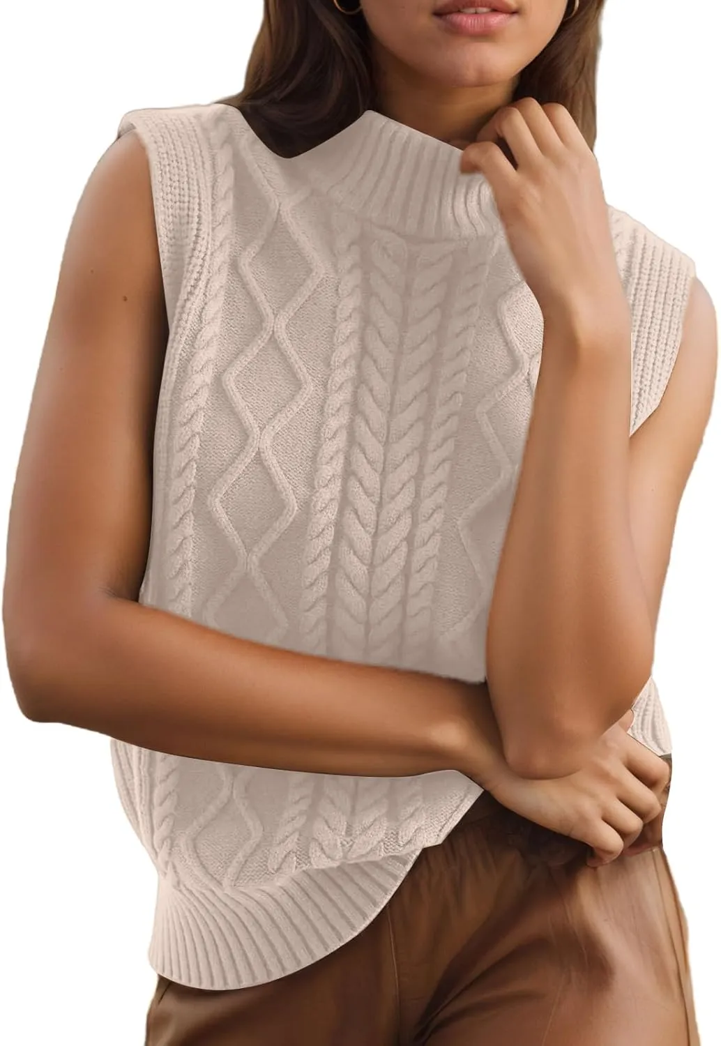 Women's Casual Mock Neck Sleeveless Work Office Sweater Tanks Vintage Cable Rhomboid Knitted Pullovers Vest