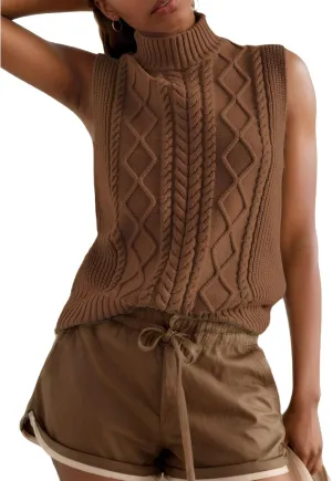 Women's Casual Mock Neck Sleeveless Work Office Sweater Tanks Vintage Cable Rhomboid Knitted Pullovers Vest