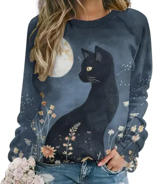 Women's Cat Shirts Sweatshirts Black Cat Graphic Sweatshirts Crewneck Long Sleeve Casual Oversized Pullover Tops