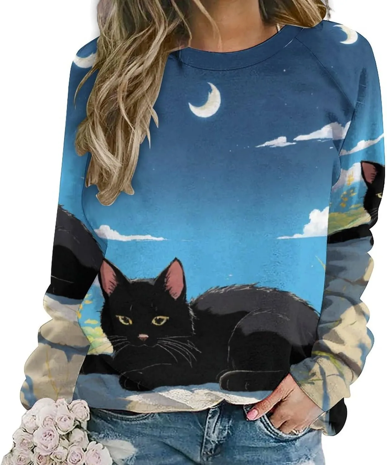 Women's Cat Shirts Sweatshirts Black Cat Graphic Sweatshirts Crewneck Long Sleeve Casual Oversized Pullover Tops