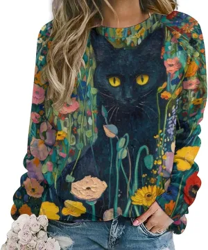 Women's Cat Shirts Sweatshirts Black Cat Graphic Sweatshirts Crewneck Long Sleeve Casual Oversized Pullover Tops