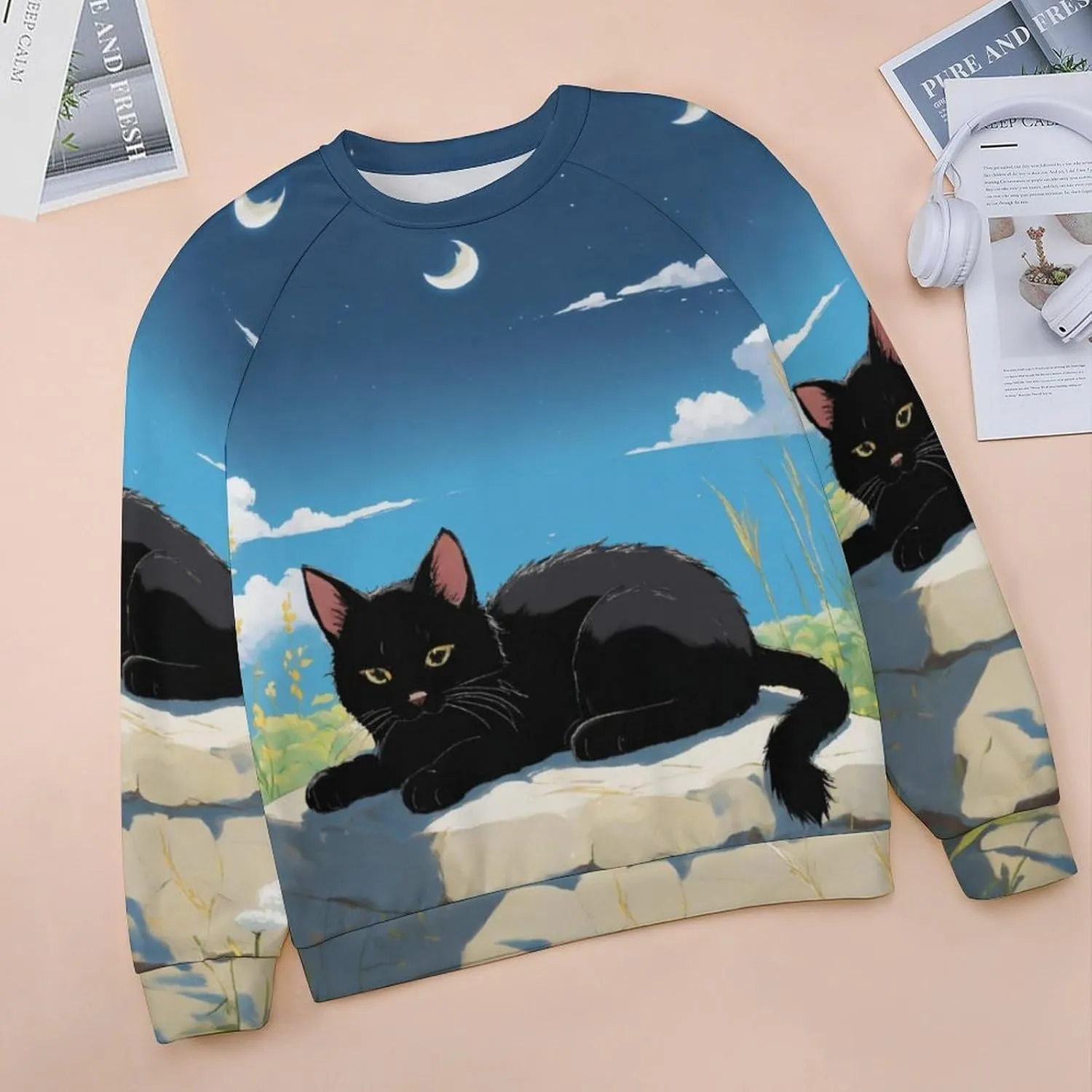 Women's Cat Shirts Sweatshirts Black Cat Graphic Sweatshirts Crewneck Long Sleeve Casual Oversized Pullover Tops