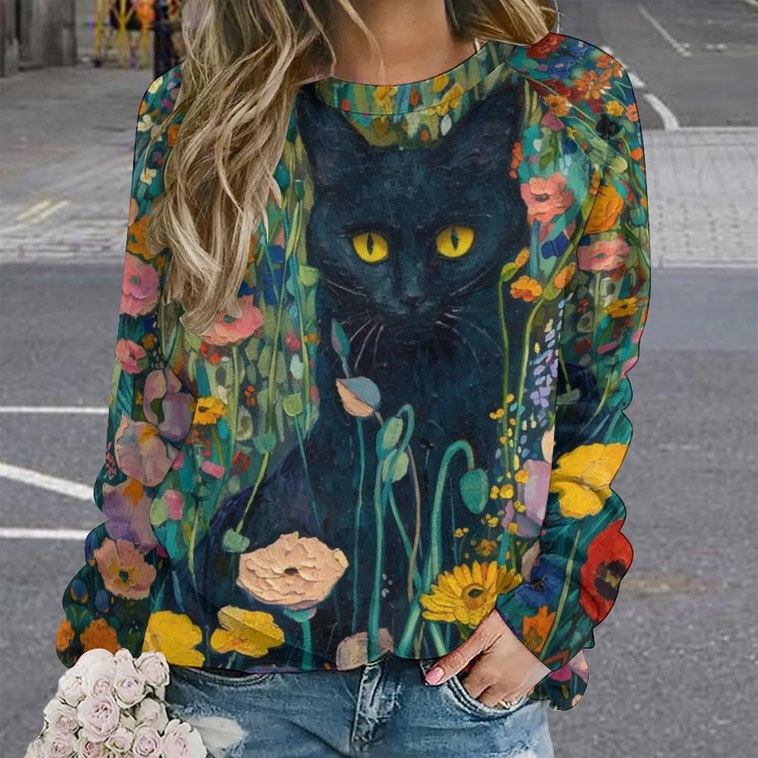 Women's Cat Shirts Sweatshirts Black Cat Graphic Sweatshirts Crewneck Long Sleeve Casual Oversized Pullover Tops