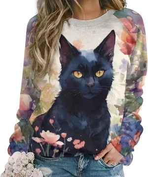 Women's Cat Shirts Sweatshirts Black Cat Graphic Sweatshirts Crewneck Long Sleeve Casual Oversized Pullover Tops