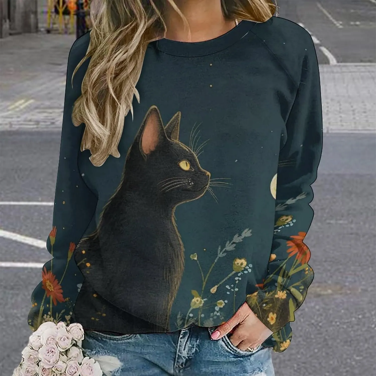 Women's Cat Shirts Sweatshirts Black Cat Graphic Sweatshirts Crewneck Long Sleeve Casual Oversized Pullover Tops