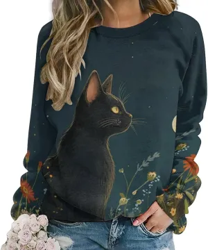 Women's Cat Shirts Sweatshirts Black Cat Graphic Sweatshirts Crewneck Long Sleeve Casual Oversized Pullover Tops
