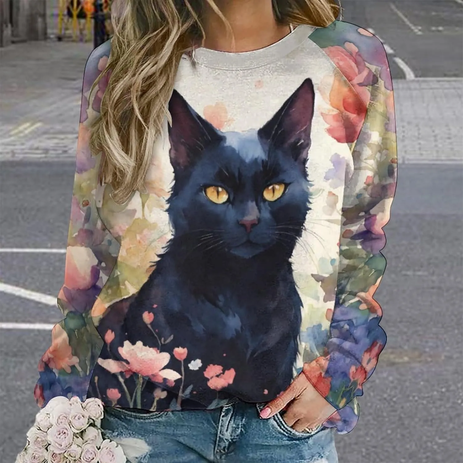 Women's Cat Shirts Sweatshirts Black Cat Graphic Sweatshirts Crewneck Long Sleeve Casual Oversized Pullover Tops