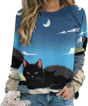 Women's Cat Shirts Sweatshirts Black Cat Graphic Sweatshirts Crewneck Long Sleeve Casual Oversized Pullover Tops