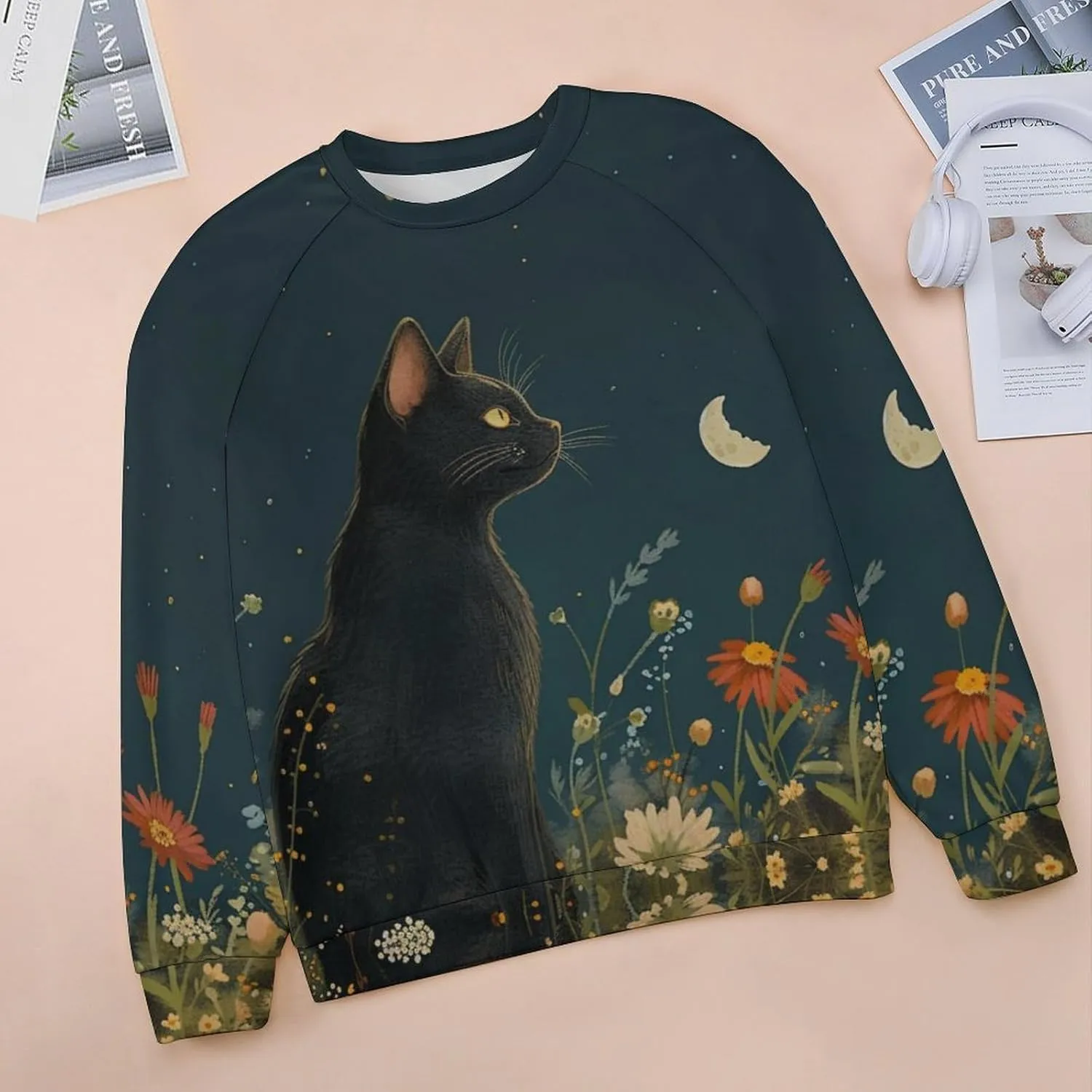 Women's Cat Shirts Sweatshirts Black Cat Graphic Sweatshirts Crewneck Long Sleeve Casual Oversized Pullover Tops