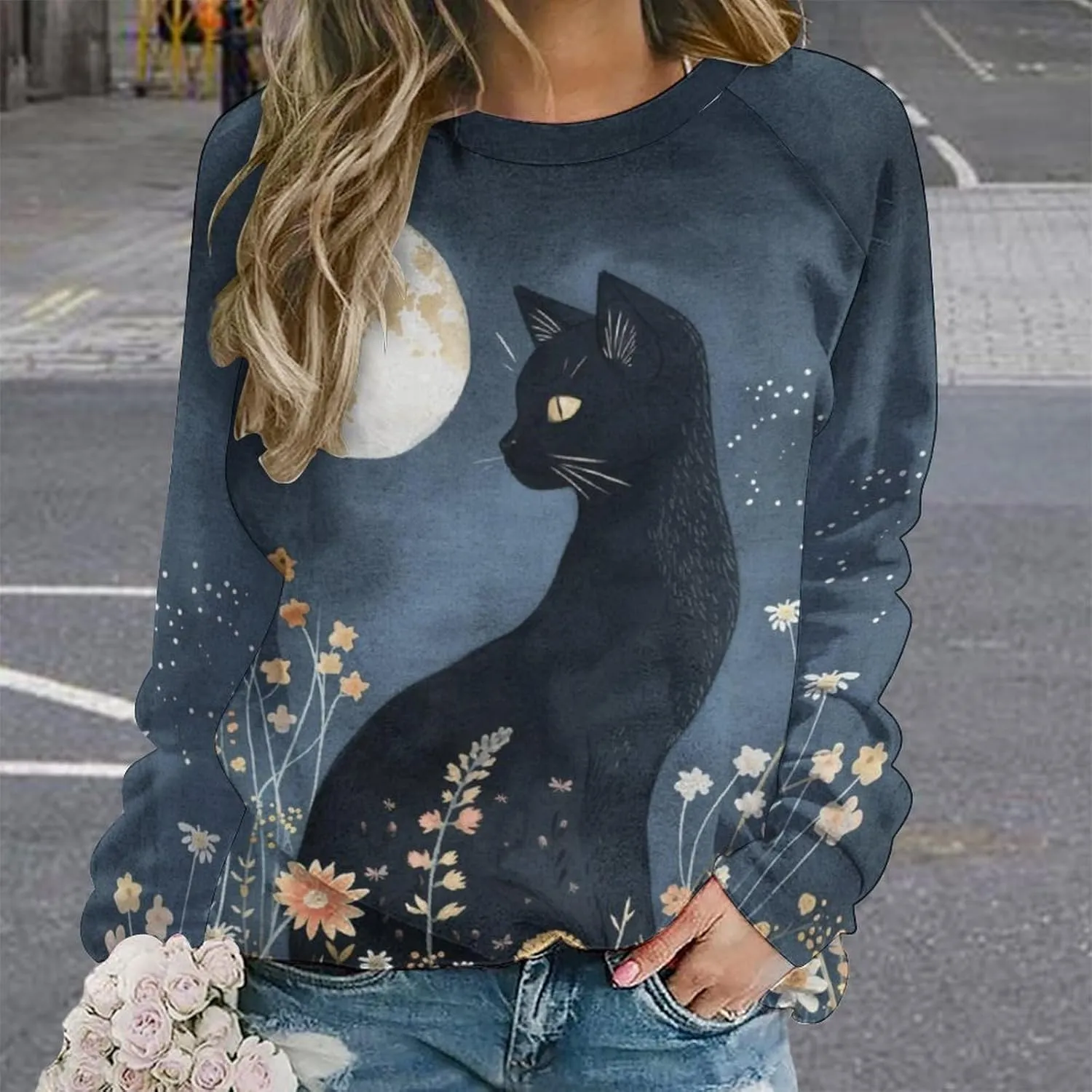 Women's Cat Shirts Sweatshirts Black Cat Graphic Sweatshirts Crewneck Long Sleeve Casual Oversized Pullover Tops