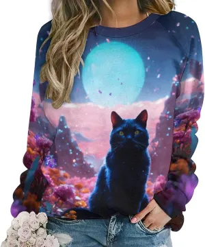 Women's Cat Shirts Sweatshirts Black Cat Graphic Sweatshirts Crewneck Long Sleeve Casual Oversized Pullover Tops