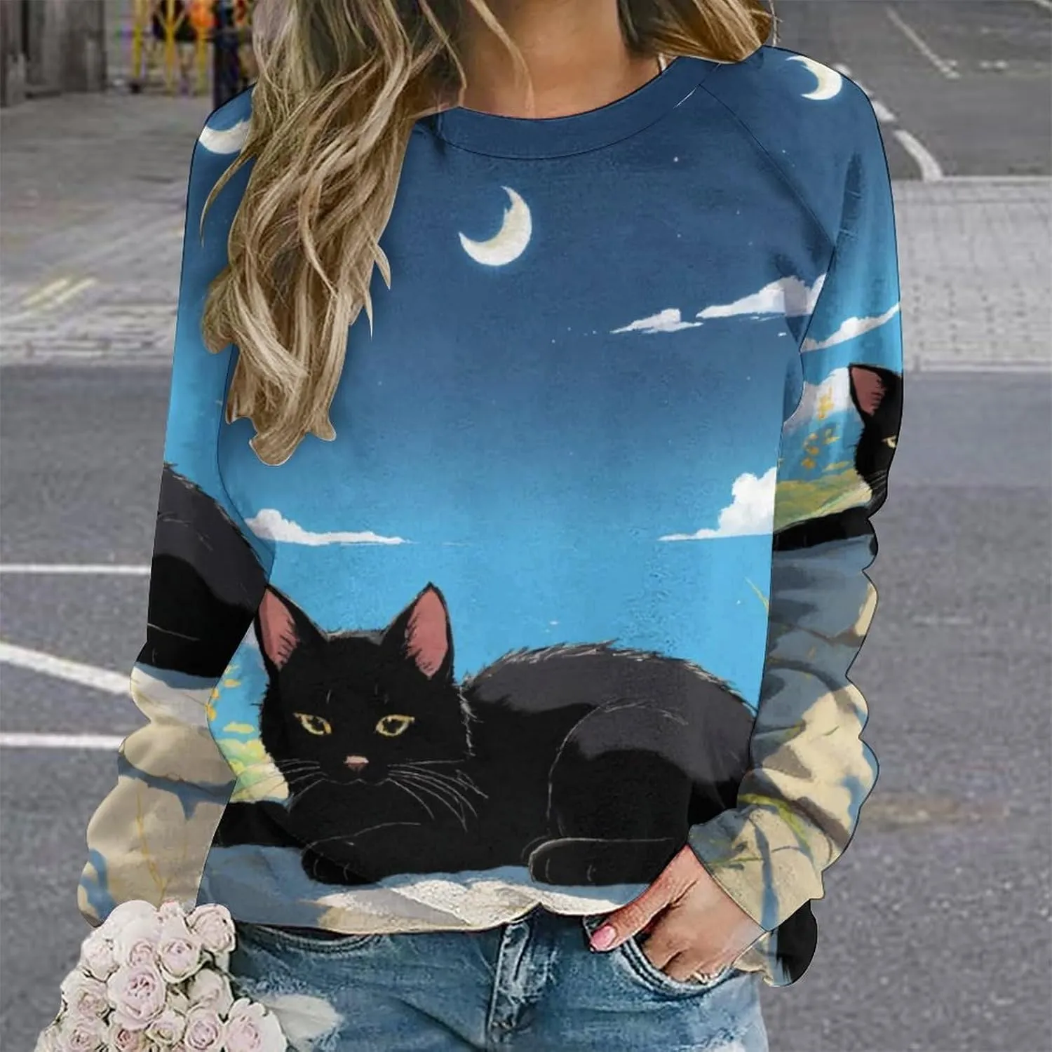 Women's Cat Shirts Sweatshirts Black Cat Graphic Sweatshirts Crewneck Long Sleeve Casual Oversized Pullover Tops