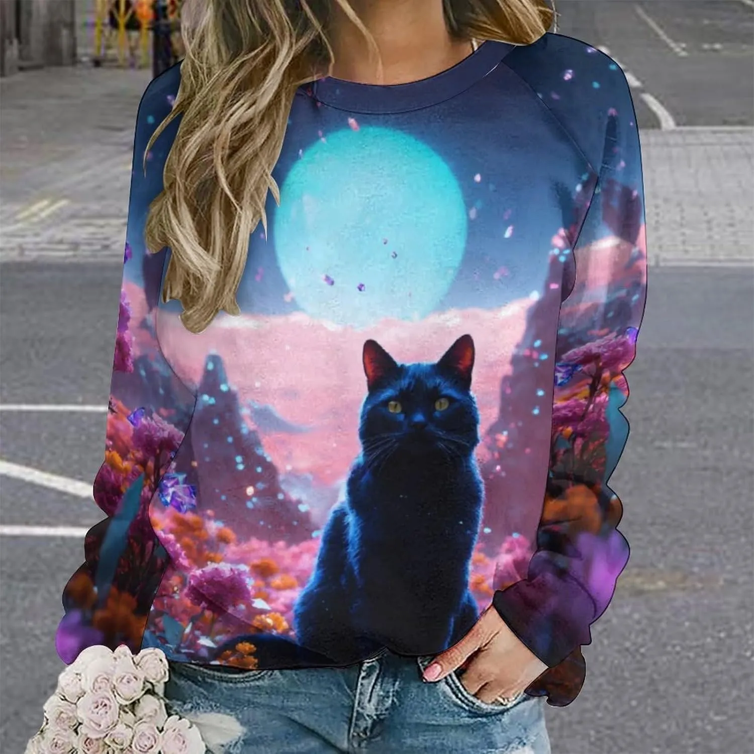 Women's Cat Shirts Sweatshirts Black Cat Graphic Sweatshirts Crewneck Long Sleeve Casual Oversized Pullover Tops