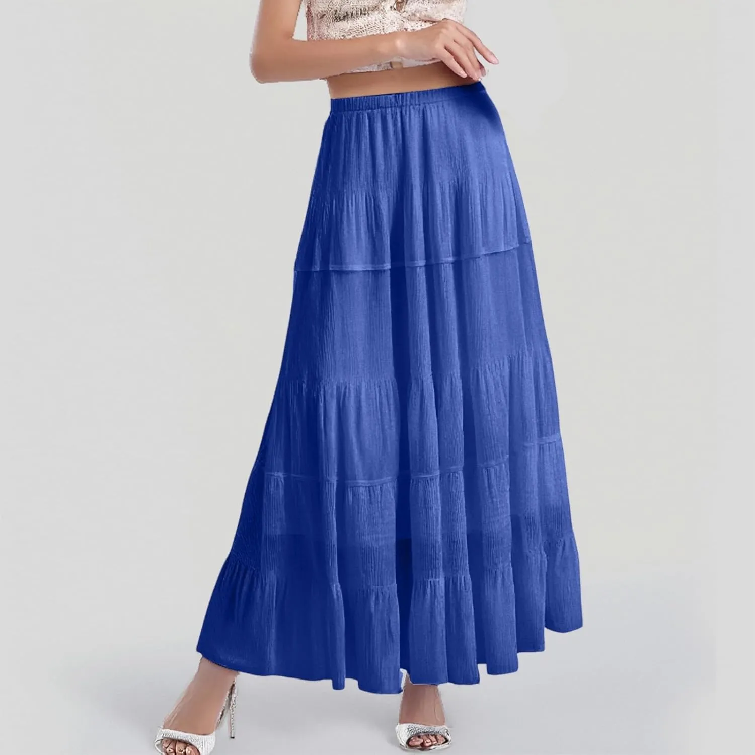 Women's Chiffon White Flowy Maxi Skirts Boho Summer Elastic Waisted Pleated A Line Long Skirt for Women 2025