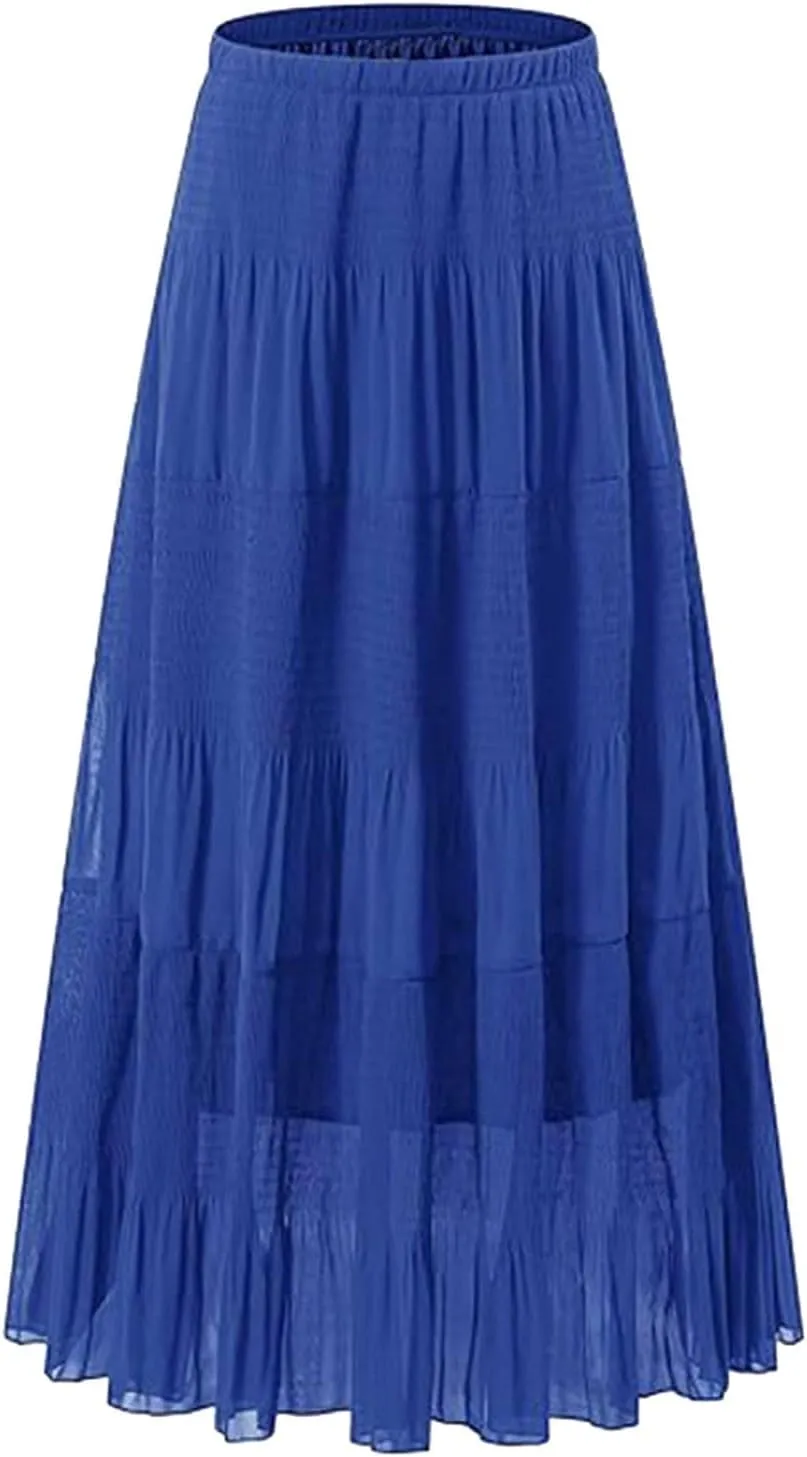 Women's Chiffon White Flowy Maxi Skirts Boho Summer Elastic Waisted Pleated A Line Long Skirt for Women 2025