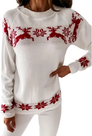 Womens Christmas Sweater Reindeer Snowflake Embroidery Knitted Pullovers Crew Neck Xmas Holiday Jumpers