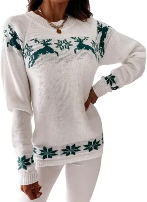 Womens Christmas Sweater Reindeer Snowflake Embroidery Knitted Pullovers Crew Neck Xmas Holiday Jumpers