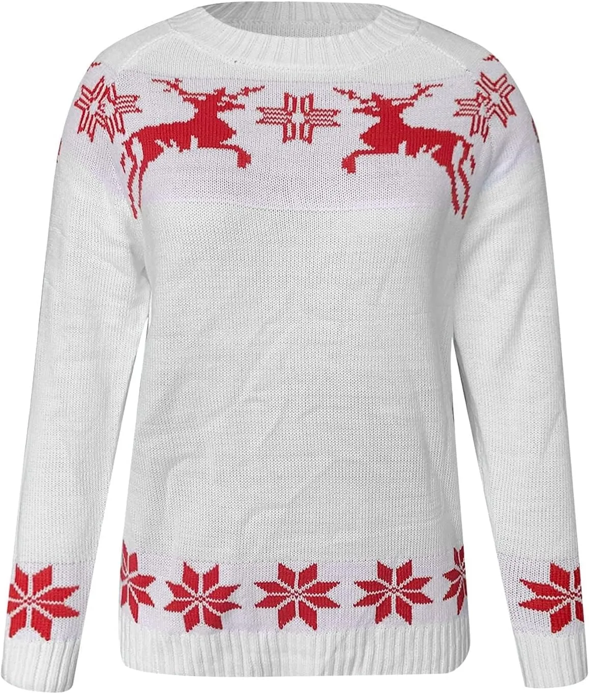 Womens Christmas Sweater Reindeer Snowflake Embroidery Knitted Pullovers Crew Neck Xmas Holiday Jumpers