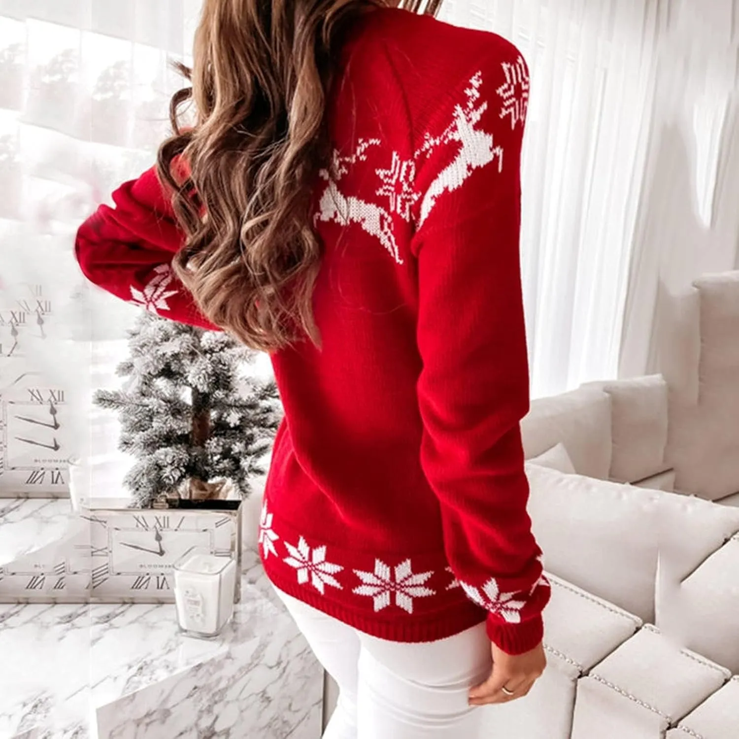 Womens Christmas Sweater Reindeer Snowflake Embroidery Knitted Pullovers Crew Neck Xmas Holiday Jumpers