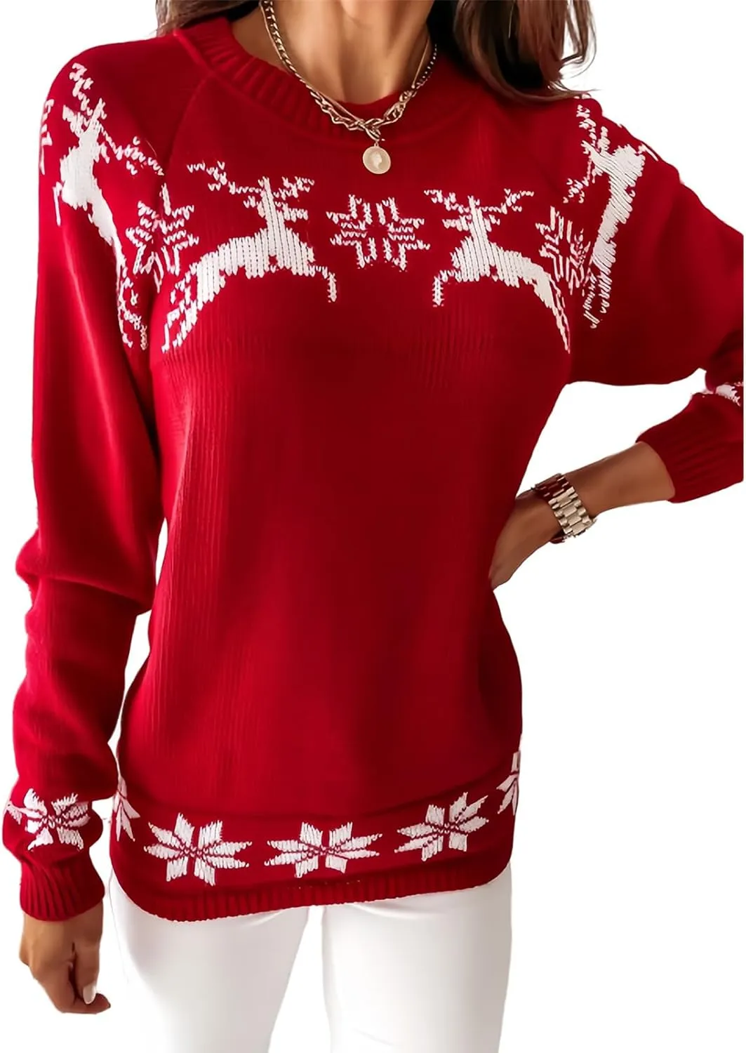 Womens Christmas Sweater Reindeer Snowflake Embroidery Knitted Pullovers Crew Neck Xmas Holiday Jumpers