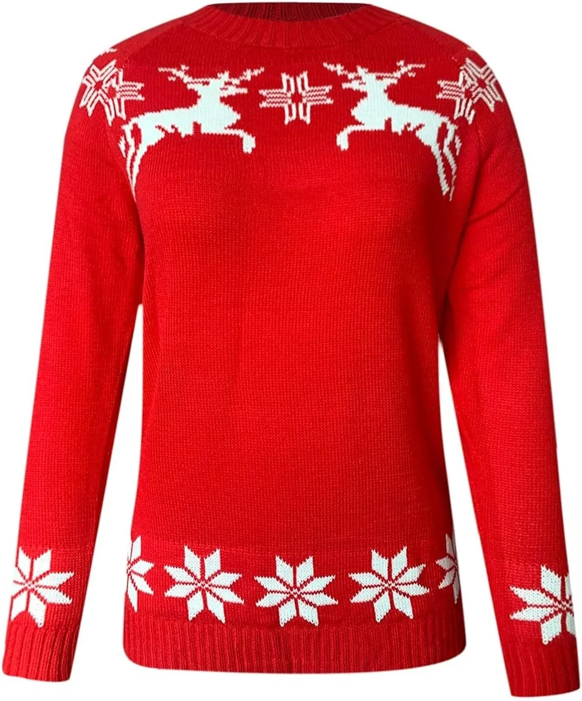 Womens Christmas Sweater Reindeer Snowflake Embroidery Knitted Pullovers Crew Neck Xmas Holiday Jumpers