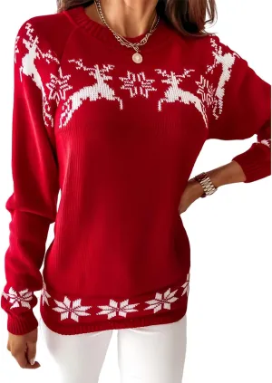 Womens Christmas Sweater Reindeer Snowflake Embroidery Knitted Pullovers Crew Neck Xmas Holiday Jumpers