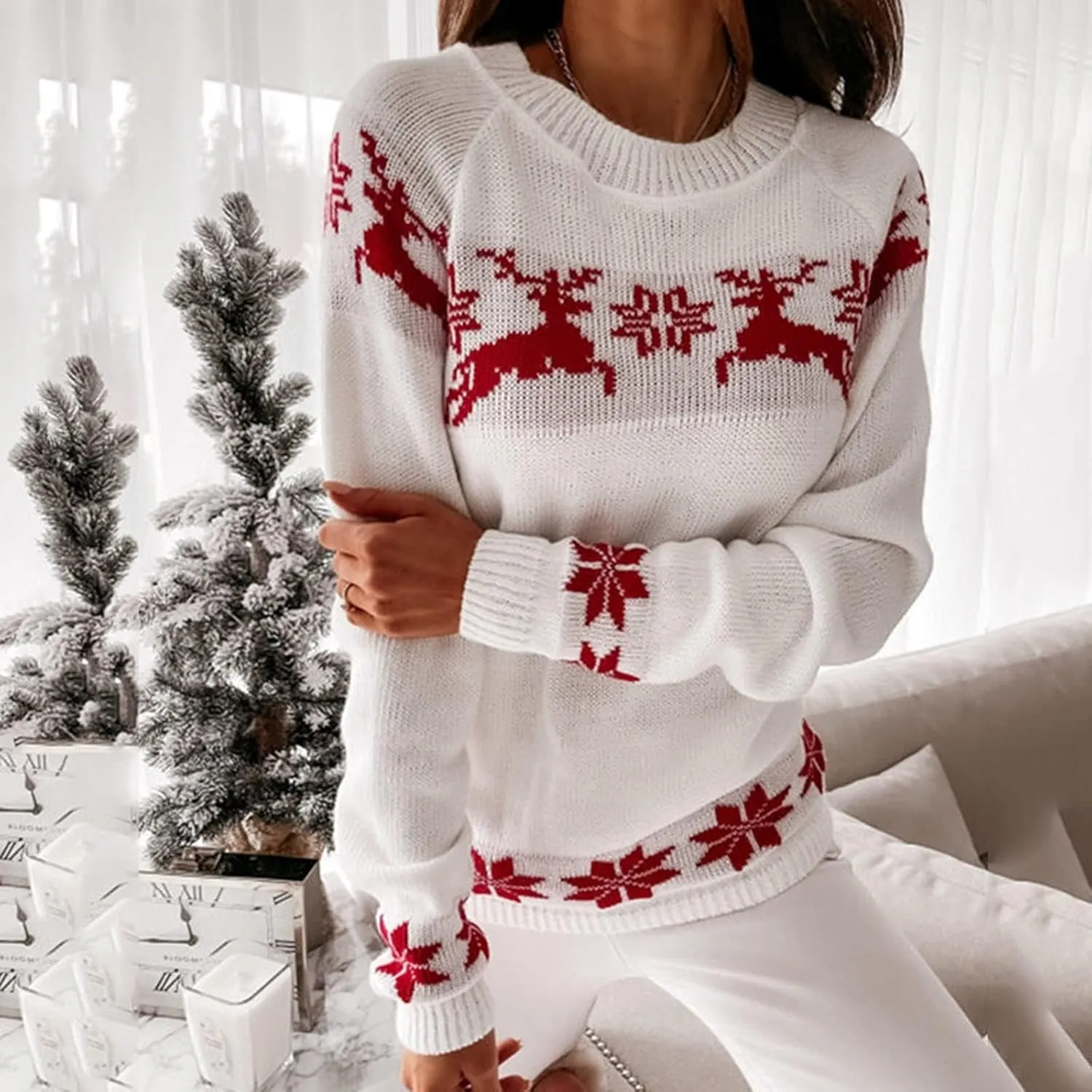 Womens Christmas Sweater Reindeer Snowflake Embroidery Knitted Pullovers Crew Neck Xmas Holiday Jumpers