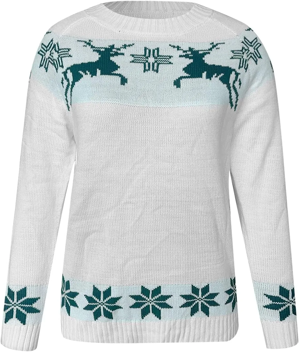 Womens Christmas Sweater Reindeer Snowflake Embroidery Knitted Pullovers Crew Neck Xmas Holiday Jumpers